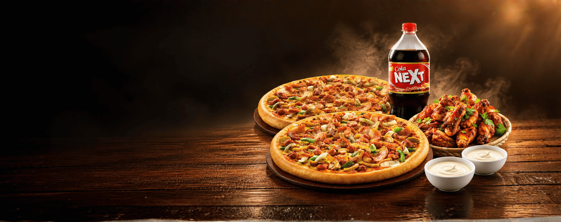 Pizza sharing spread with wings, dips and a cold drink